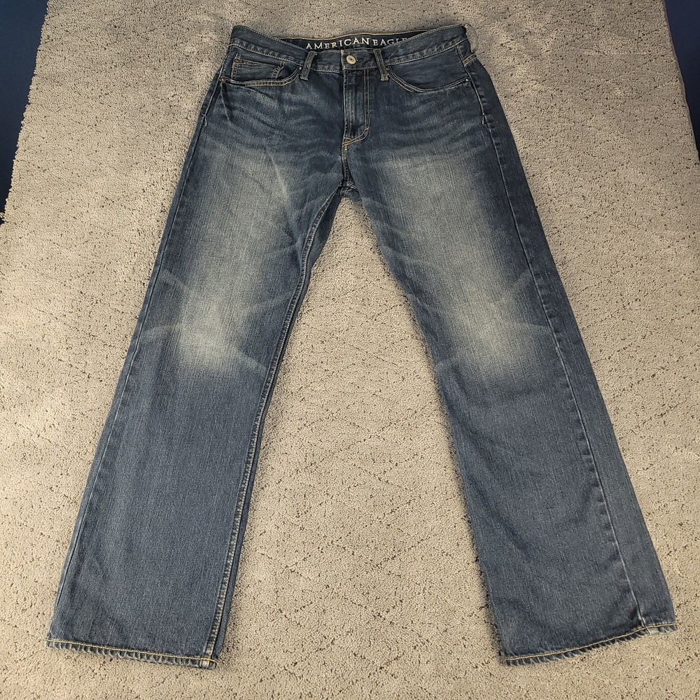 American Eagle Jeans Mens 33x32 Blue Relaxed Straight‎ Mid Rise Dark Wash